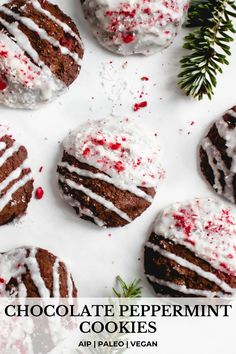 chocolate peppermint cookies with white frosting and sprinkles on top