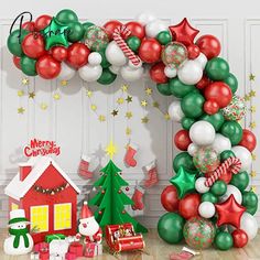 a christmas balloon arch with presents and decorations