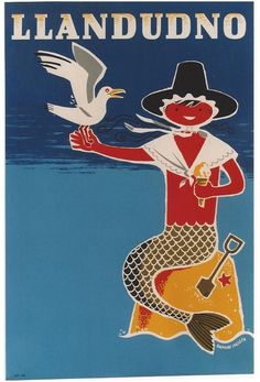 a poster with a woman holding a fish and a bird on it's back