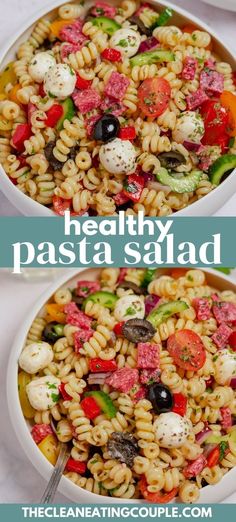 two bowls filled with pasta salad next to each other