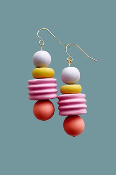 pink, yellow and white earrings with round beads