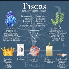 the zodiac sign for pisces and other astrological symbols are shown in this poster