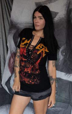 "-Diy top shirt SLAYER concert band with lace up original concert shirt altered by Olivia Paige into women top size M 38\"-40chest L 40\"-42chest 100%cotton you can also request custom top (band, lacing, size,..) just for you" Custom Top, Diy Tops, Concert Band, Top Band, Concert Shirts, Black And White Tops, White Top, Style Me, Las Vegas