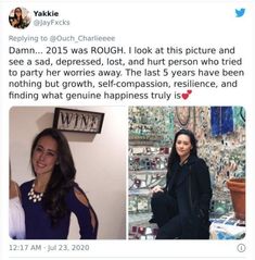 two women standing next to each other in front of a wall with pictures on it