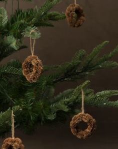 three wreaths hanging from the branches of a christmas tree with pine cones on them