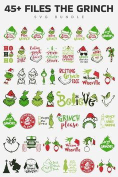 an image of the grin's christmas stickers on a white background with green and red