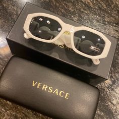 Versace Medusa Biggie Sunglasses. Brand New, Never Worn In Perfect Condition. Includes Box, Case And Duster Rag. Currently Selling On Versace Website For $345 White Glass Sunglasses For Formal Occasions, Formal White Glass Sunglasses, Designer White Glass Sunglasses, White Rectangular Glass Sunglasses, Sunglasses Women Oversized, Square Logo, Blue Stain, Grey Sunglasses, Versace Accessories