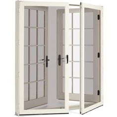 an open white door with glass panels on the inside and outside doors that are closed