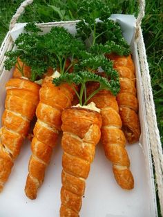 some carrots are in a white box on the grass