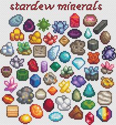 a cross stitch pattern with different types of beads and stones on the front, in red text that reads stardew minerals