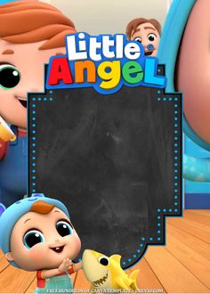 the little angel is standing next to a blackboard with an image of two children