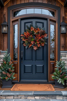 60 Stunning Fall Decor Ideas to Add Seasonal Flair Fall Door Entrance Ideas, Front Entry Fall Decor Ideas, Thanksgiving Front Porch Decor, Exterior Door Designs, Front Door Makeover, Beautiful Front Doors, Fall Front Door, Fall Decor Ideas, Home Door