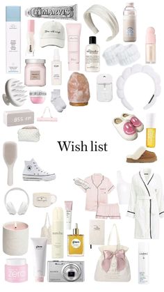 the words wish list are surrounded by many different items in white and pink colors, including shoes