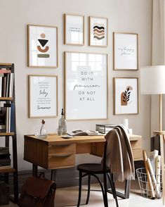 a home office with art on the wall