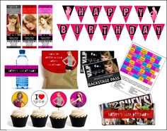 a birthday party with cupcakes, banners and pictures on the side of it