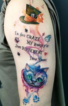 Cheshire Cat Quotes Wonderland's Alice Tattoo Alison In Wonderland Tattoo, Madd Hatter Tattoos, Alice In Wonderland Tattoo Cheshire Cat, We Are All Mad Here Tattoo, Mad Hatter Tattoo Ideas, Alice In Wonderland Tattoos, Mad Hatter Tattoo, Cheshire Cat Quotes