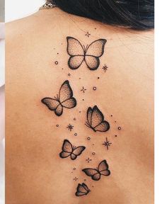 the back of a woman's neck with three butterflies flying in the sky and stars on