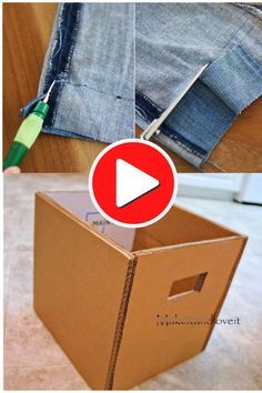 an open cardboard box with a green marker sticking out of it and the bottom part of someone's jeans