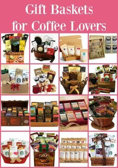 the gift baskets for coffee lovers are displayed in this collage with pink squares and white background