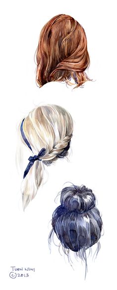 three different types of hair are shown in this drawing, one is blonde and the other is blue