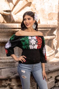 This vibrant off the shoulder top features the bold colors of the Mexican flag--green, white, and red--blending seamlessly for a festive look. Delicately embroidered flowers adorn the front, adding a touch of traditional craftsmanship. The elasticized waist ensures a comfortable, flexible fit, making it both stylish and easy to wear for any occasion. Perfect for celebrating Mexican culture with a modern twist! MORE BLOUSES HERE: https://www.etsy.com/es/shop/SoleiEthnic?ref=seller-platform-mcnav& Mexican Outfits For Women, Mexican Top, Mexican Independence Day, Mexican Independence, Mexican Blouse, Mexican Flag, Mexican Flags, Mexican Outfit, Mexican Culture