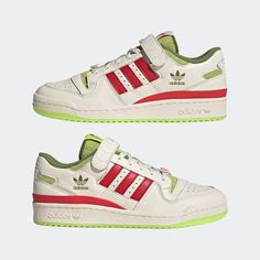 Style No. ID9175 Color: Cream White/Collegiate Red/Solar Slime Say hello to classic style with a mischievous twist courtesy of everyone's favorite grump: the Grinch. Whether you're headed out for a stroll on Mount Crumpit or through Whoville, these adidas sneakers keep your feet cozy and your style game strong. With smooth leather, hook-and-loop straps and a rubber outsole, they're made for all-day wear and adventure. Featuring the Grinch's signature green and graphics, these playful kicks are s Mount Crumpit, Grinch Shoes, Adidas White Shoes, Adidas Forum Low, Forum Low, Adidas Forum, Adidas Classic, Adidas Kids, Jordan 11 Retro