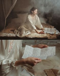 two pictures of a woman sitting on a bed with sheets in her hands and an open book