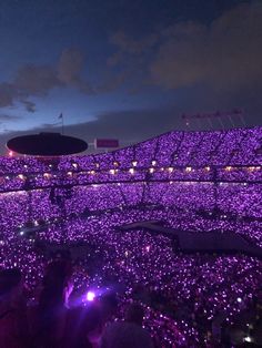 a stadium filled with lots of people sitting in the middle of purple lights at night