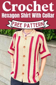 the crochet hexagon shirt with collar free pattern is shown in red and white