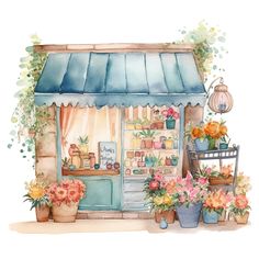 a watercolor painting of a flower shop with potted plants and flowers in front