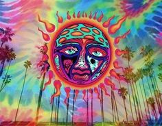 a painting of a sun with face and palm trees in the background