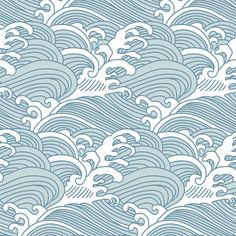 a blue and white wallpaper with waves in the ocean, as well as clouds