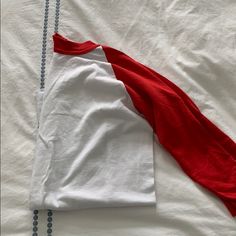 Never Worn White And Red Long Baseball Shirt With 3/4 Length Sleeves. Red And White Shirt, Baseball Tees, Sophomore Year, Baseball Shirt, Plain Shirts, Long Red, Baseball Shirts, White And Red, What I Wore