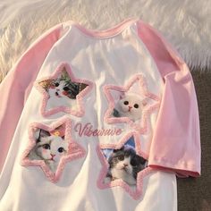 Pink Aesthetic Shirt, Cute Pink Shirts, Cat Patchwork, Sanrio Clothes, Pink Kawaii, Kawaii Shirts, 일본 패션, Patchwork Shorts, Reach For The Stars