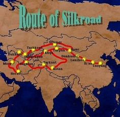 the route of silk road is shown on a map with yellow circles around it and green dots