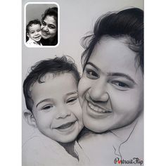 a pencil drawing of a mother and her son smiling for the camera with their face close to each other