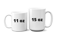 two white coffee mugs with the numbers 1052 and 1307 printed on them