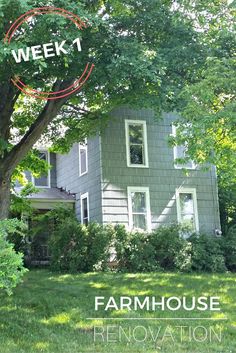 a house with the words farmhouse renovation written on it's front lawn and trees