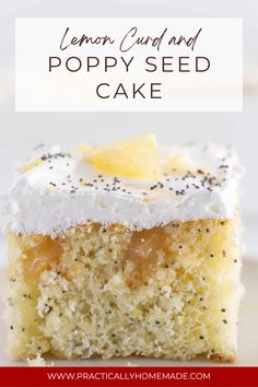 lemon curd and poppy seed cake on a white plate with the title above it