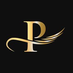 the letter p is made up of gold and silver lines on a black background with an elegant