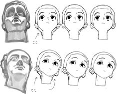 the stages of drawing a man's face with different angles and facial expressions, from nose to head