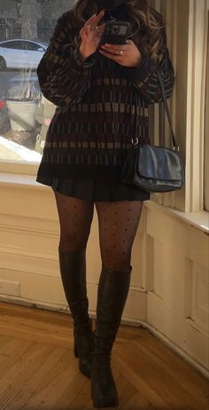 Tall Boots With Dress Winter, Black Snakeskin Boots Outfit, Fall Outfits With Stockings Tights, Calf Boots Outfit Fall, Fall Outfits Tall Boots, Outfits With Brown Knee High Boots, Black Tennis Skirt Outfit Fall, Fall Tall Boots Outfit, Fall Outfits With Tall Boots