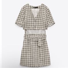 Cut Out Belted Dress V-Neck Tweed Silver Metal Buttons No Belt Colors Are Gray And White Plaid Tweed Zara Tweed Dress, Zara Dress White, Silk Bralette, Zara Tweed, Pleated Jumpsuit, Ribbed Maxi Dress, Dress With Short Sleeves, Purple Mini Dresses, Linen Mini Dress