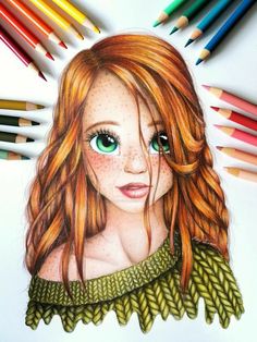 a drawing of a girl with long red hair and green eyes surrounded by colored pencils