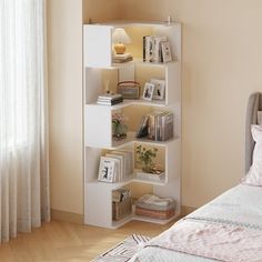 a white book shelf sitting on top of a bed next to a window in a bedroom