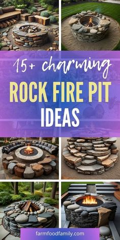 an outdoor fire pit made out of rocks with text overlay that reads 15 charming rock fire pit ideas