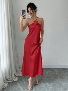 Elegant Halter Neck 3D Floral Decor Waist Cinching Satin Long Dress For New Year Clothes Maxi Women Outfit Red Elegant  Sleeveless Woven Fabric Plain Cami Non-Stretch  Women Clothing, size features are:Bust: ,Length: ,Sleeve Length: Red Dress Shein, Outfit Vestido Rojo, Dress For New Year, Red Spaghetti Strap Dress, New Year Clothes, Satin Long Dress, Red Halter Dress, Satin Dress Long, Holiday Party Dresses