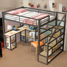 a loft bed with desk underneath it and shelves below for bookshelves to hold toys