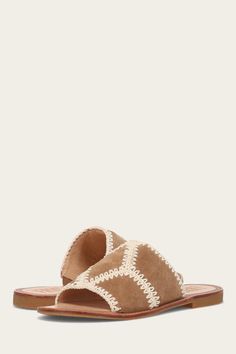 Ava Crochet Slide Sandals | Women's Leather Sandals | Frye Casual Beach Sandals With Crochet Trim, Casual Sandals With Crochet Trim For Beach, Summer Vacation Sandals With Crochet Trim, Casual Crochet Trim Sandals For Beach, Casual Open Toe Sandals With Crochet Trim, Casual Spring Sandals With Crochet Trim, Beach Suede Lace-up Sandals With Round Toe, Suede Lace-up Sandals For Beach With Round Toe, Suede Slip-on Sandals With Woven Sole