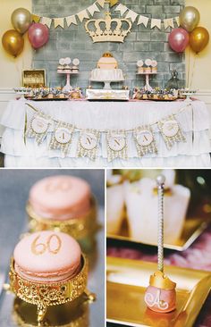 pink and gold birthday party with cake, cupcakes, decorations and dessert table